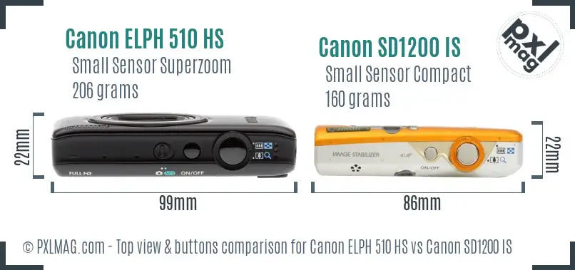 Canon ELPH 510 HS vs Canon SD1200 IS top view buttons comparison