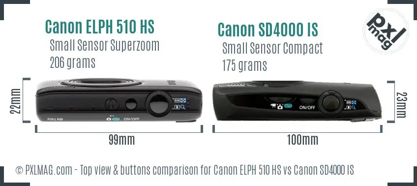 Canon ELPH 510 HS vs Canon SD4000 IS top view buttons comparison Canon ELPH 510 HS vs Canon SD4000 IS top view buttons comparison