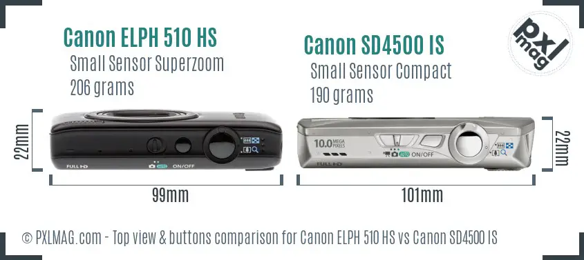 Canon ELPH 510 HS vs Canon SD4500 IS top view buttons comparison Canon ELPH 510 HS vs Canon SD4500 IS top view buttons comparison