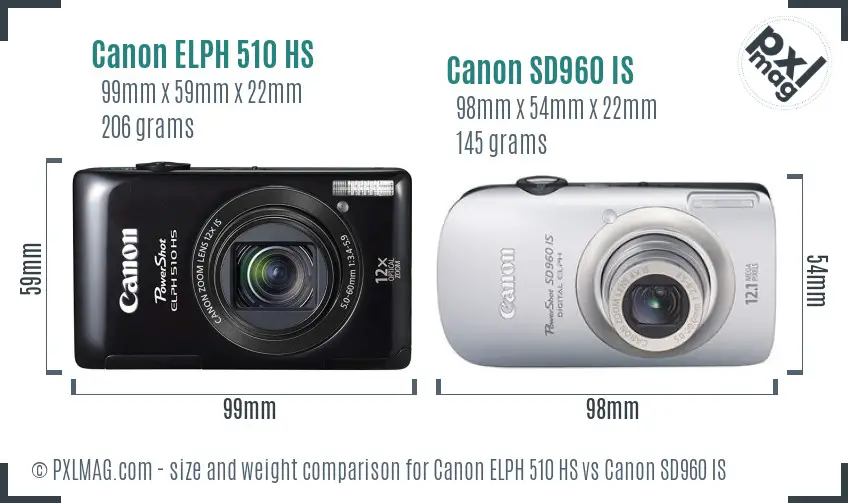 Canon ELPH 510 HS vs Canon SD960 IS size comparison