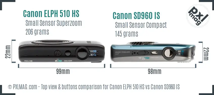 Canon ELPH 510 HS vs Canon SD960 IS top view buttons comparison