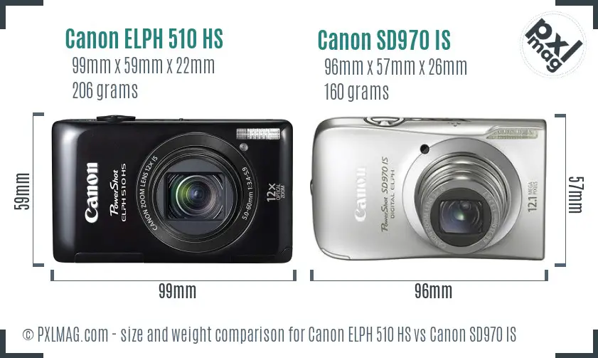 Canon ELPH 510 HS vs Canon SD970 IS size comparison Canon ELPH 510 HS vs Canon SD970 IS size comparison