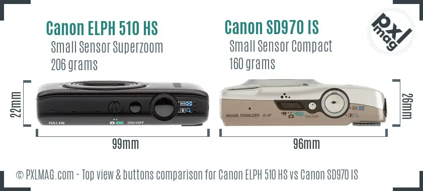 Canon ELPH 510 HS vs Canon SD970 IS top view buttons comparison Canon ELPH 510 HS vs Canon SD970 IS top view buttons comparison