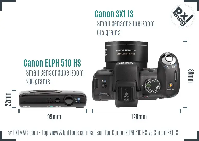 Canon ELPH 510 HS vs Canon SX1 IS top view buttons comparison