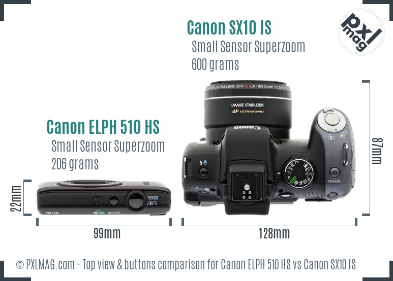 Canon ELPH 510 HS vs Canon SX10 IS top view buttons comparison