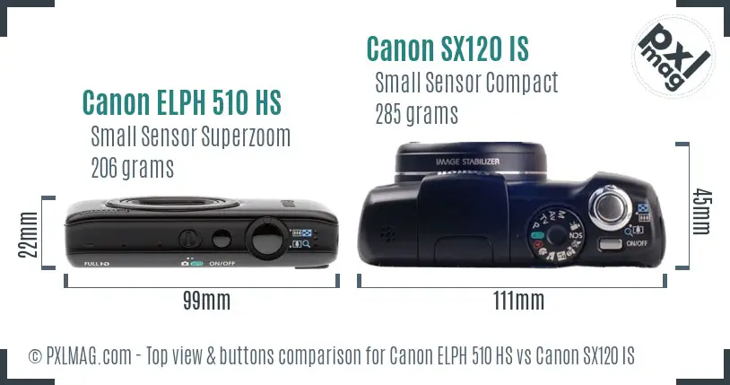 Canon ELPH 510 HS vs Canon SX120 IS top view buttons comparison