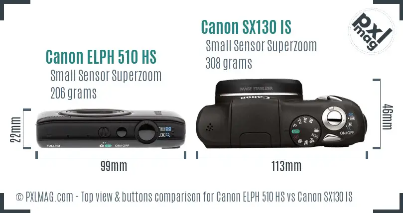 Canon ELPH 510 HS vs Canon SX130 IS top view buttons comparison