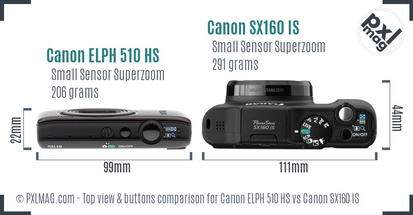 Canon ELPH 510 HS vs Canon SX160 IS top view buttons comparison