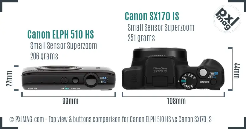 Canon ELPH 510 HS vs Canon SX170 IS top view buttons comparison