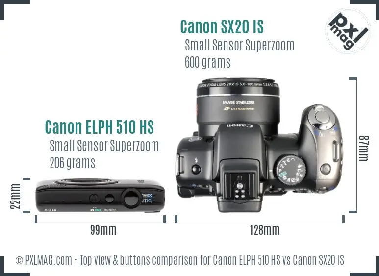 Canon ELPH 510 HS vs Canon SX20 IS top view buttons comparison