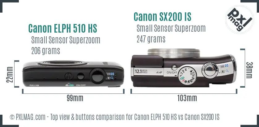 Canon ELPH 510 HS vs Canon SX200 IS top view buttons comparison