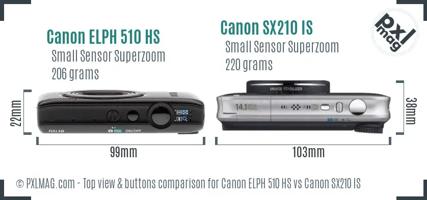 Canon ELPH 510 HS vs Canon SX210 IS top view buttons comparison