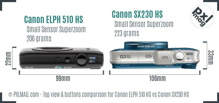 Canon ELPH 510 HS vs Canon SX230 HS top view buttons comparison