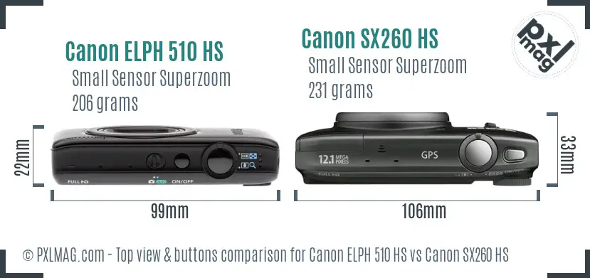 Canon ELPH 510 HS vs Canon SX260 HS top view buttons comparison