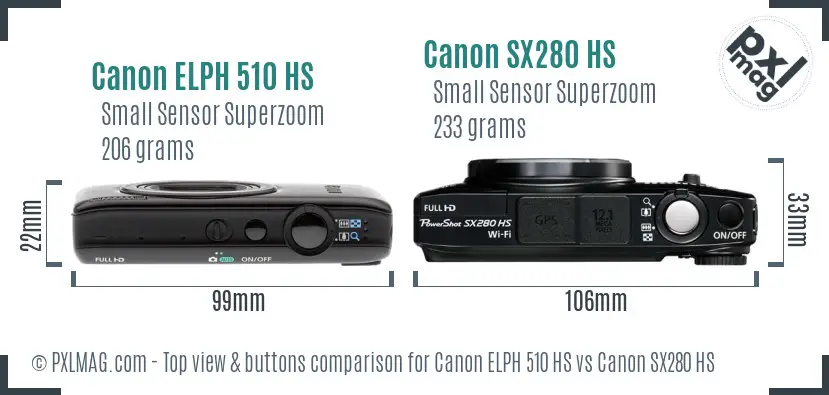 Canon ELPH 510 HS vs Canon SX280 HS top view buttons comparison