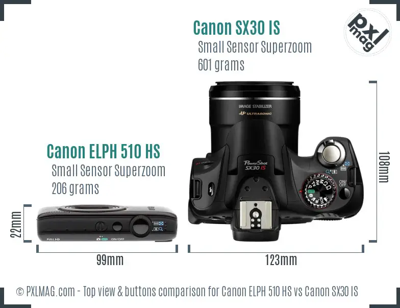 Canon ELPH 510 HS vs Canon SX30 IS top view buttons comparison Canon ELPH 510 HS vs Canon SX30 IS top view buttons comparison