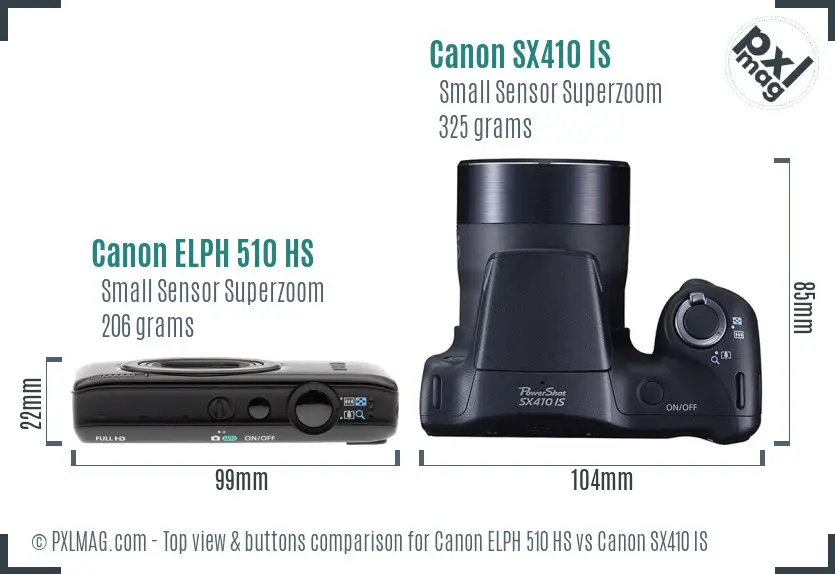 Canon ELPH 510 HS vs Canon SX410 IS top view buttons comparison