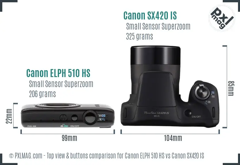 Canon ELPH 510 HS vs Canon SX420 IS top view buttons comparison