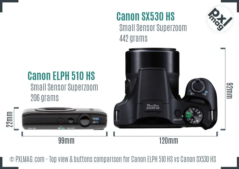 Canon ELPH 510 HS vs Canon SX530 HS top view buttons comparison