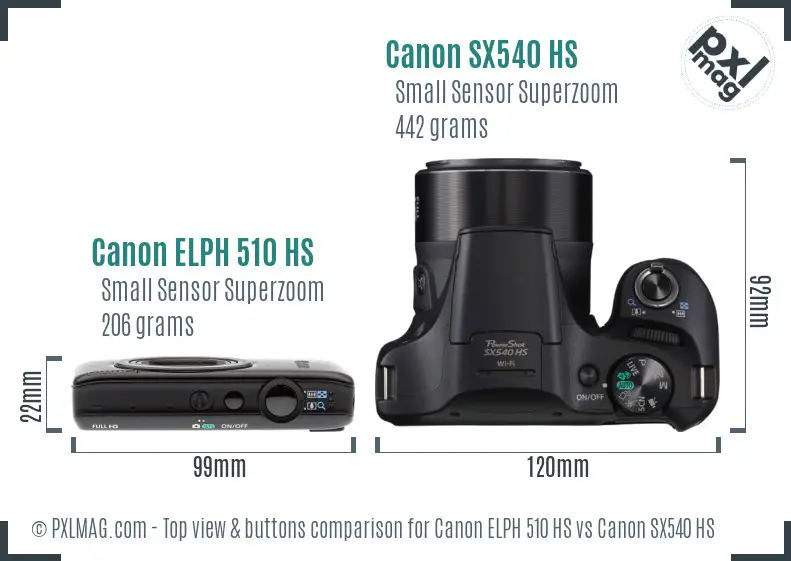 Canon ELPH 510 HS vs Canon SX540 HS top view buttons comparison