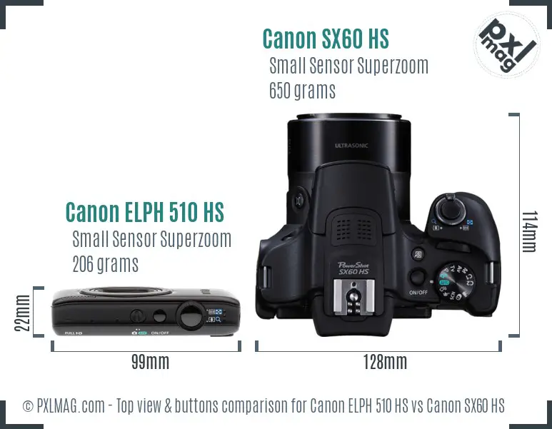 Canon ELPH 510 HS vs Canon SX60 HS top view buttons comparison