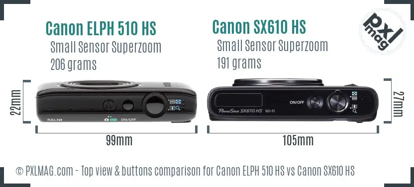 Canon ELPH 510 HS vs Canon SX610 HS top view buttons comparison Canon ELPH 510 HS vs Canon SX610 HS top view buttons comparison