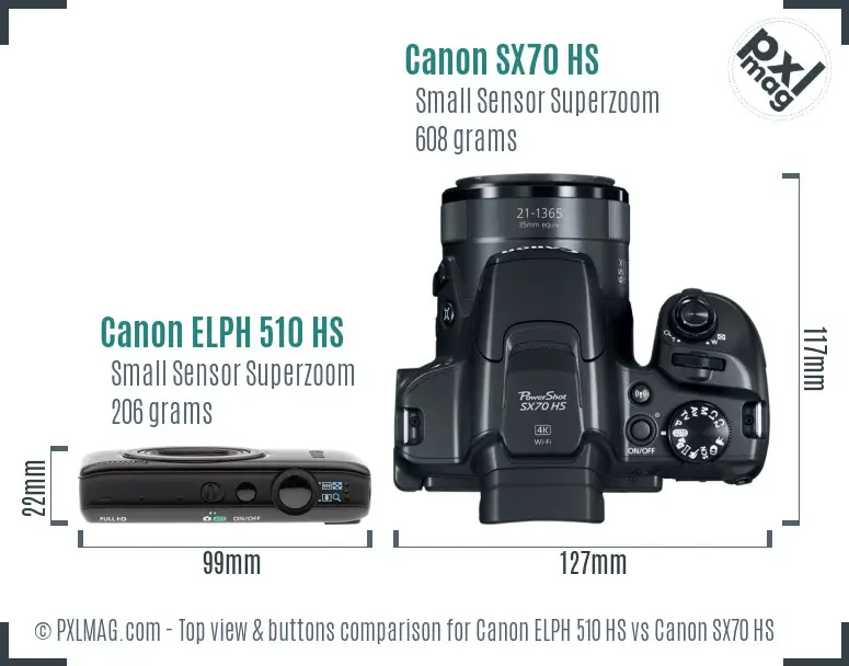 Canon ELPH 510 HS vs Canon SX70 HS top view buttons comparison