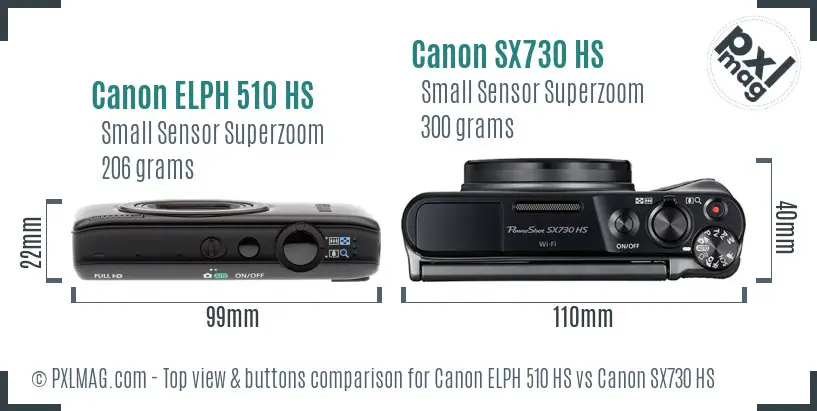 Canon ELPH 510 HS vs Canon SX730 HS top view buttons comparison