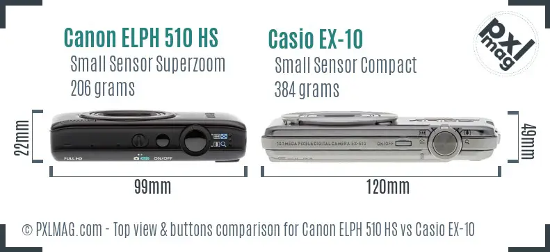 Canon ELPH 510 HS vs Casio EX-10 top view buttons comparison