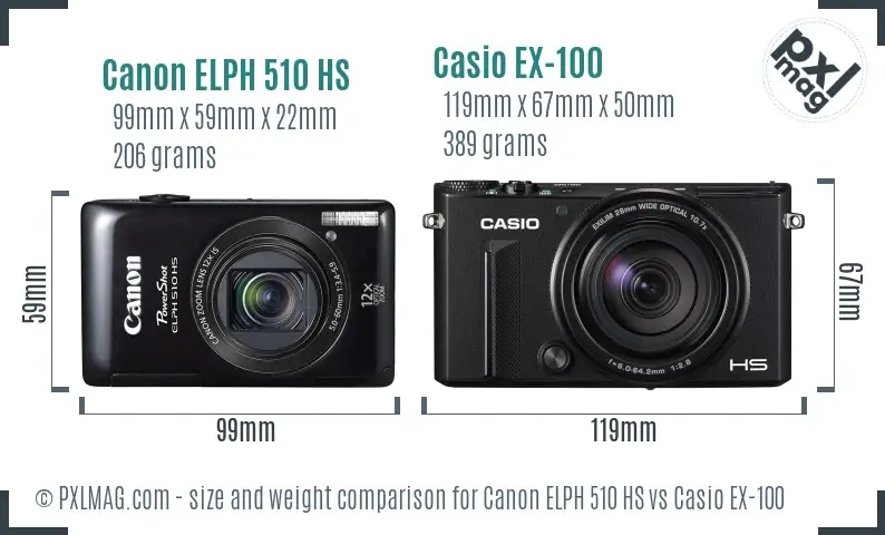 Canon ELPH 510 HS vs Casio EX-100 size comparison