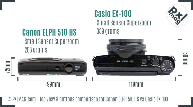 Canon ELPH 510 HS vs Casio EX-100 top view buttons comparison