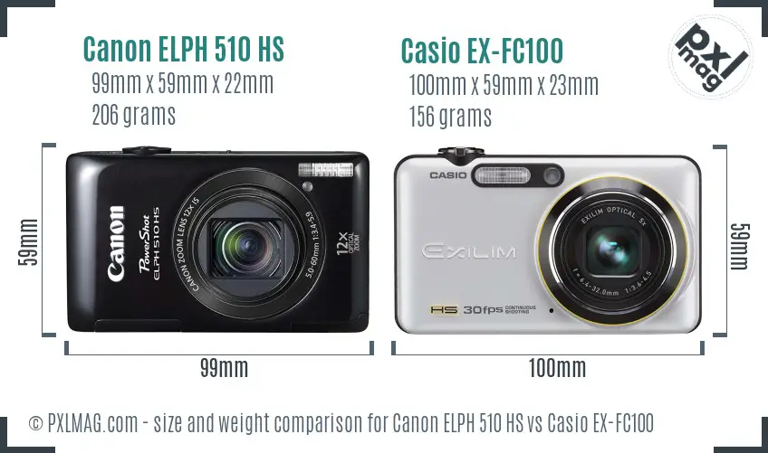 Canon ELPH 510 HS vs Casio EX-FC100 size comparison