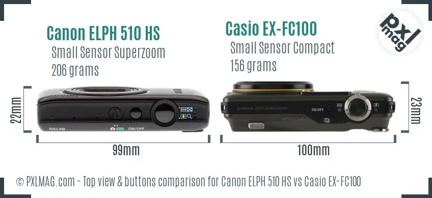 Canon ELPH 510 HS vs Casio EX-FC100 top view buttons comparison