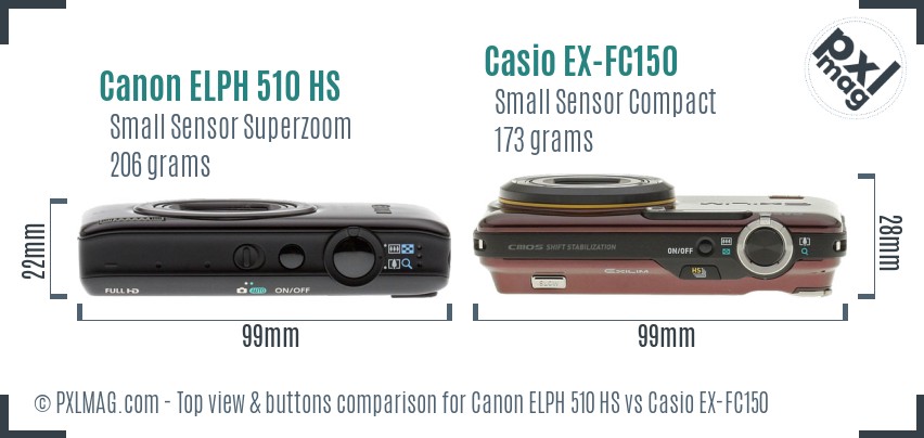 Canon ELPH 510 HS vs Casio EX-FC150 top view buttons comparison