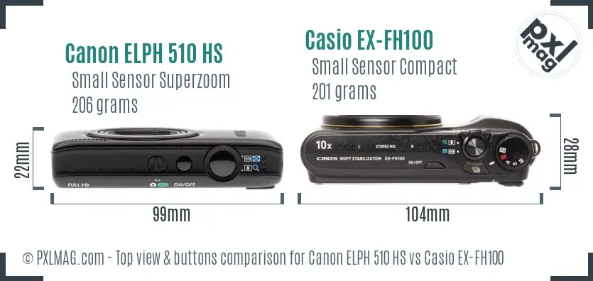 Canon ELPH 510 HS vs Casio EX-FH100 top view buttons comparison