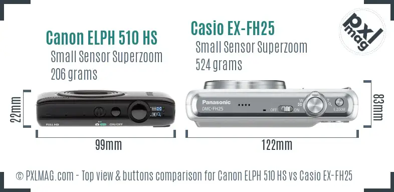 Canon ELPH 510 HS vs Casio EX-FH25 top view buttons comparison