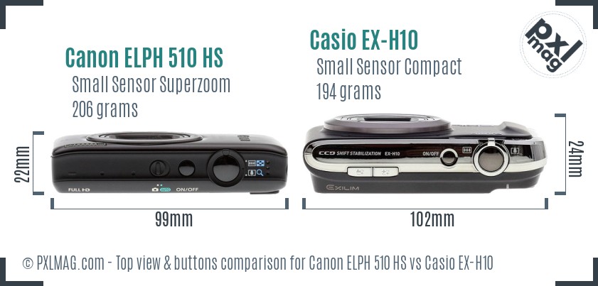 Canon ELPH 510 HS vs Casio EX-H10 top view buttons comparison