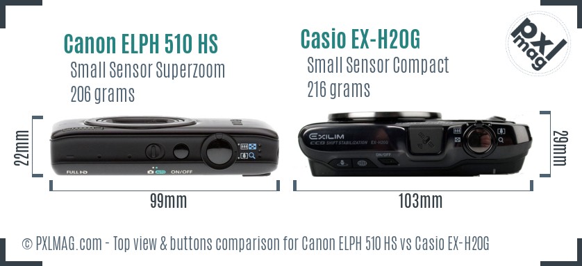 Canon ELPH 510 HS vs Casio EX-H20G top view buttons comparison