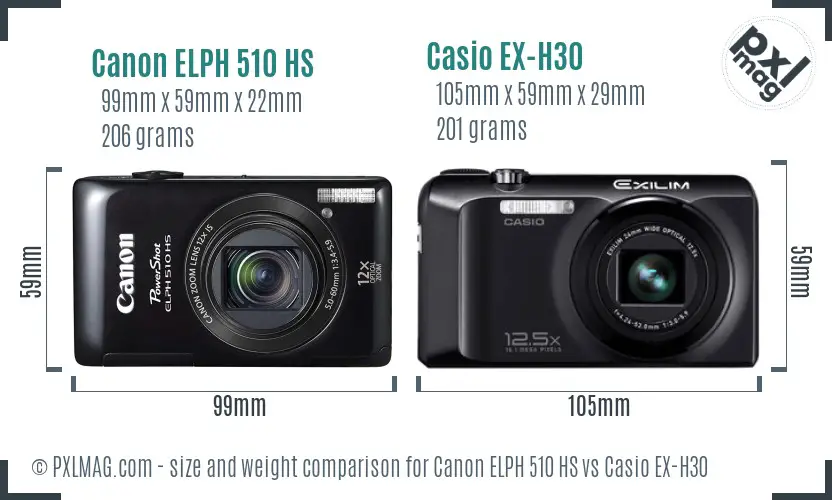 Canon ELPH 510 HS vs Casio EX-H30 size comparison