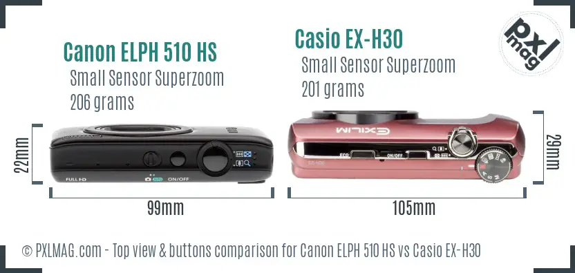 Canon ELPH 510 HS vs Casio EX-H30 top view buttons comparison