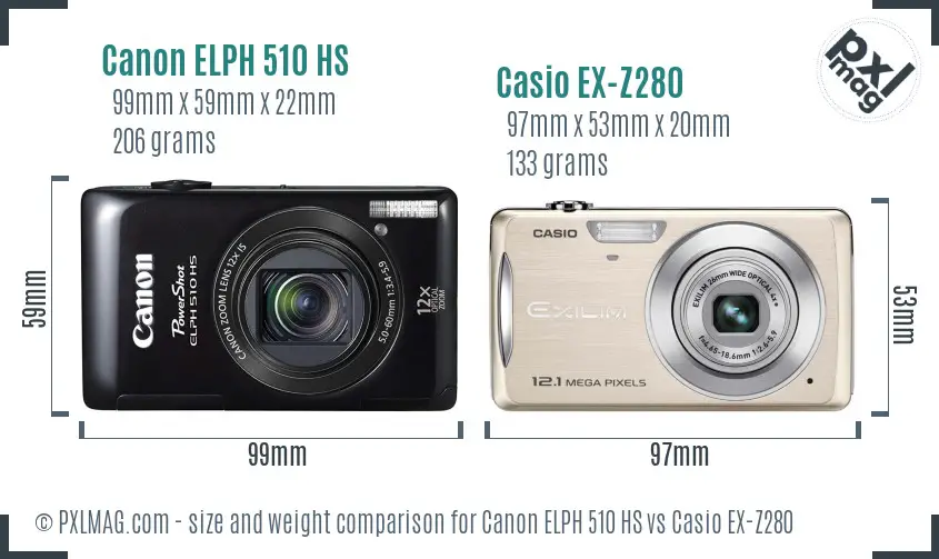 Canon ELPH 510 HS vs Casio EX-Z280 size comparison