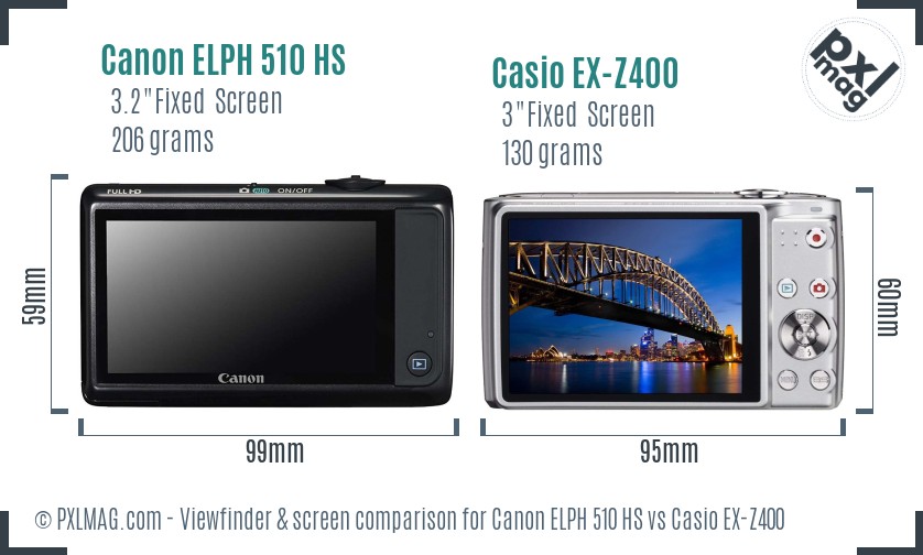 Canon ELPH 510 HS vs Casio EX-Z400 Screen and Viewfinder comparison