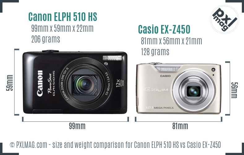 Canon ELPH 510 HS vs Casio EX-Z450 size comparison
