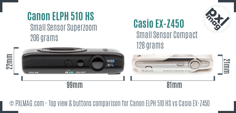 Canon ELPH 510 HS vs Casio EX-Z450 top view buttons comparison