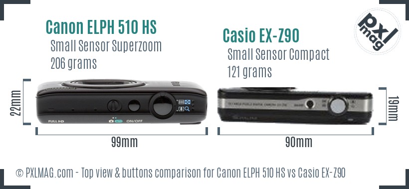 Canon ELPH 510 HS vs Casio EX-Z90 top view buttons comparison