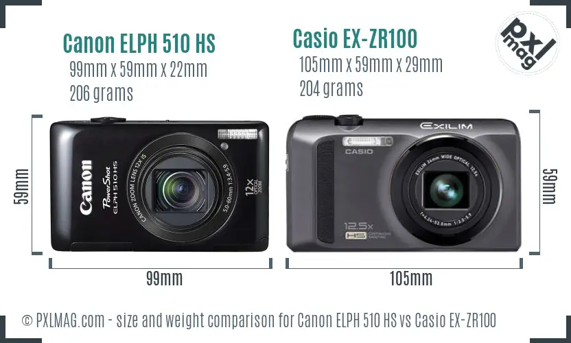 Canon ELPH 510 HS vs Casio EX-ZR100 size comparison