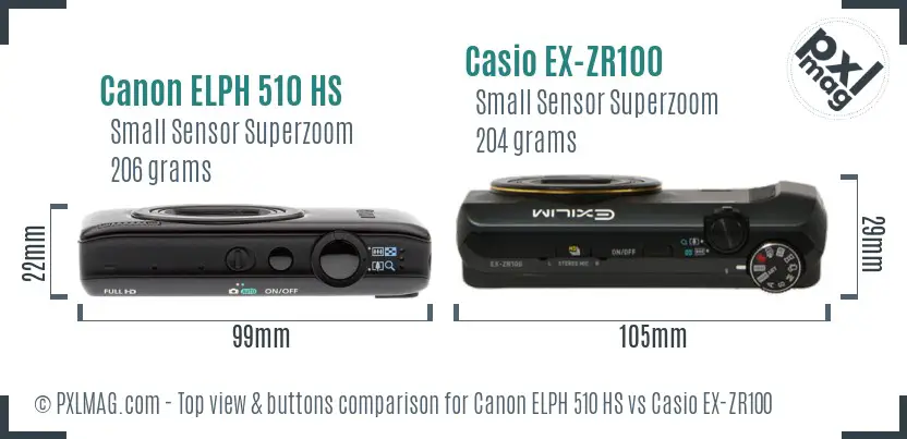 Canon ELPH 510 HS vs Casio EX-ZR100 top view buttons comparison