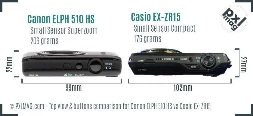 Canon ELPH 510 HS vs Casio EX-ZR15 top view buttons comparison
