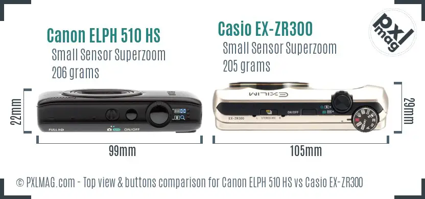 Canon ELPH 510 HS vs Casio EX-ZR300 top view buttons comparison Canon ELPH 510 HS vs Casio EX-ZR300 top view buttons comparison