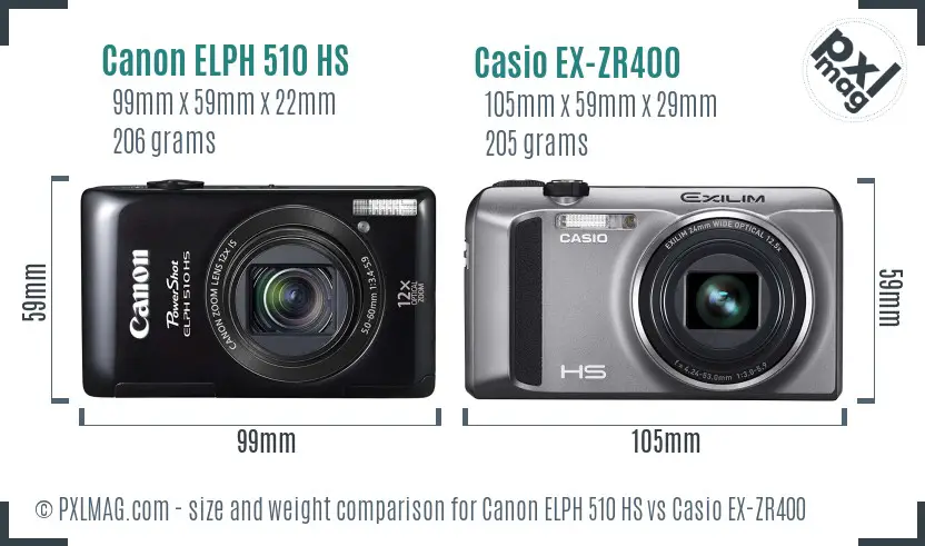 Canon ELPH 510 HS vs Casio EX-ZR400 size comparison Canon ELPH 510 HS vs Casio EX-ZR400 size comparison